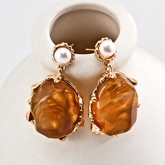 Gold Vintage Pearl & Resin Stone Drop Earrings